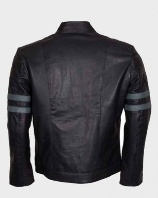 Mens Blue Stripe Mayhem Retro Black Biker Leather Jacket